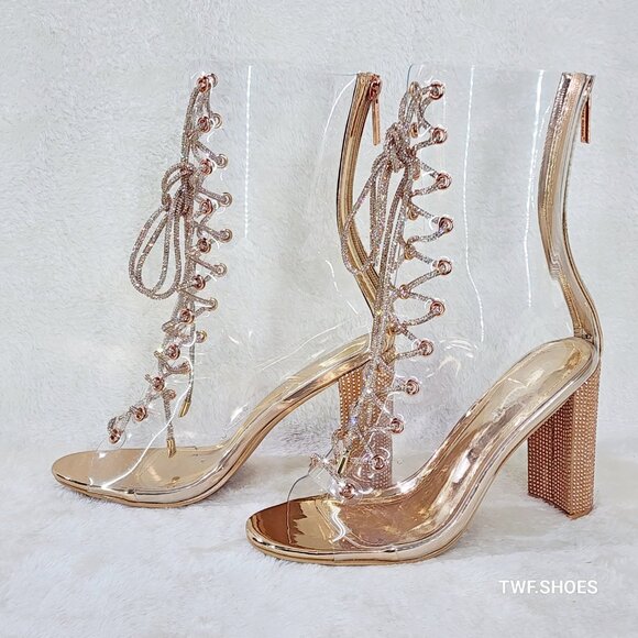 See Me Rose Gold Rhinestone Laces Heels Clear Upper Open Toe Ankle Boots NEW - Picture 12 of 13